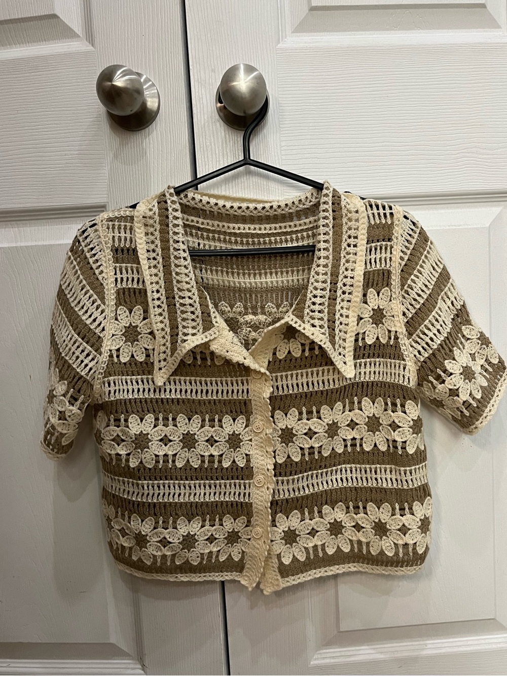 Crochet Short-Sleeve Button Front Top - Cream and Olive